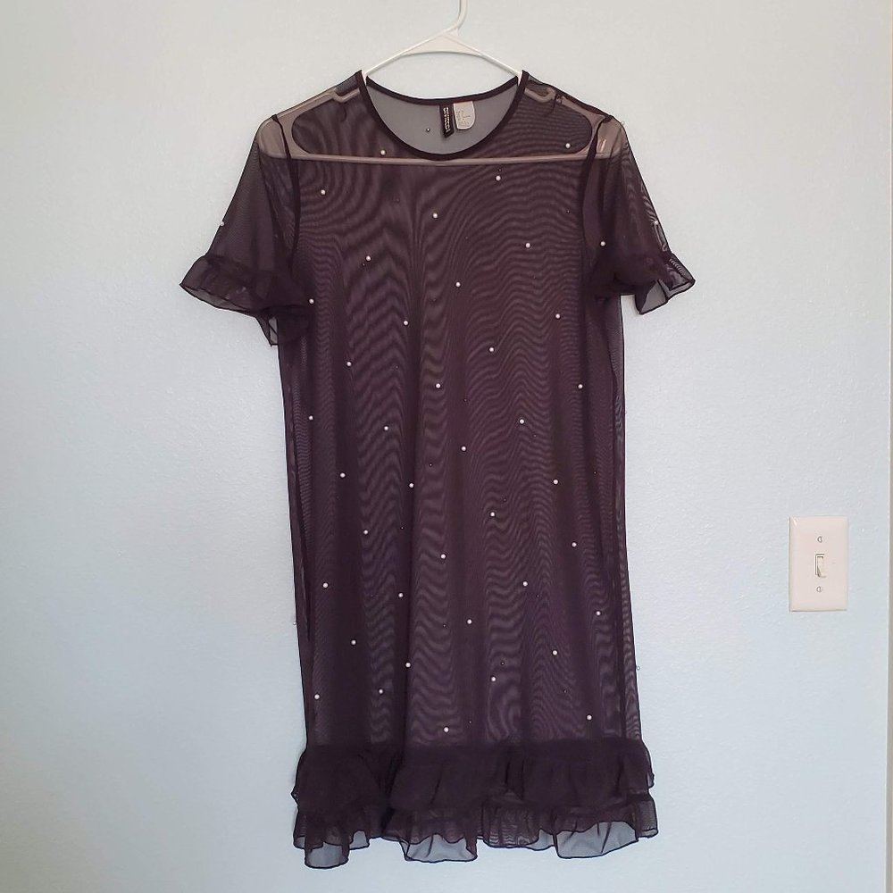 Divided Black Mesh Dress with Pearl Beads, size 6